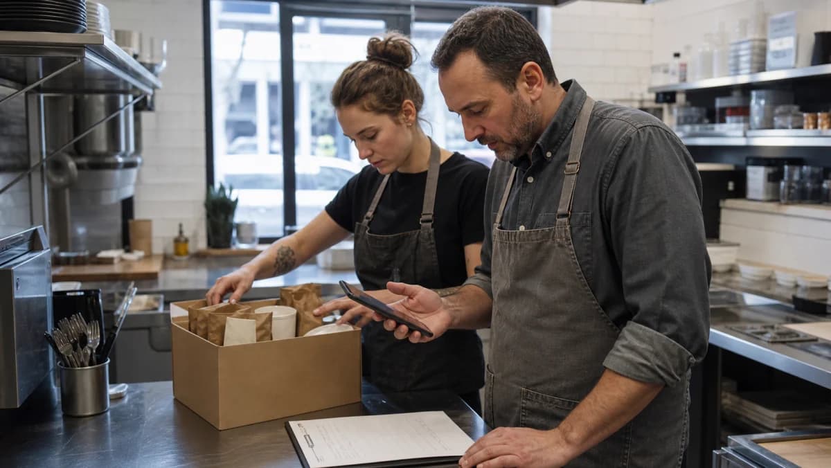 Restaurant coworkers reviewing a routine operations handoff beside a tablet