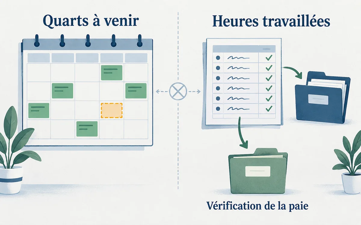 Deux dossiers distincts : couverture des futurs quarts, puis faits de la fin d’emploi et preuves des heures passées pour la paie.