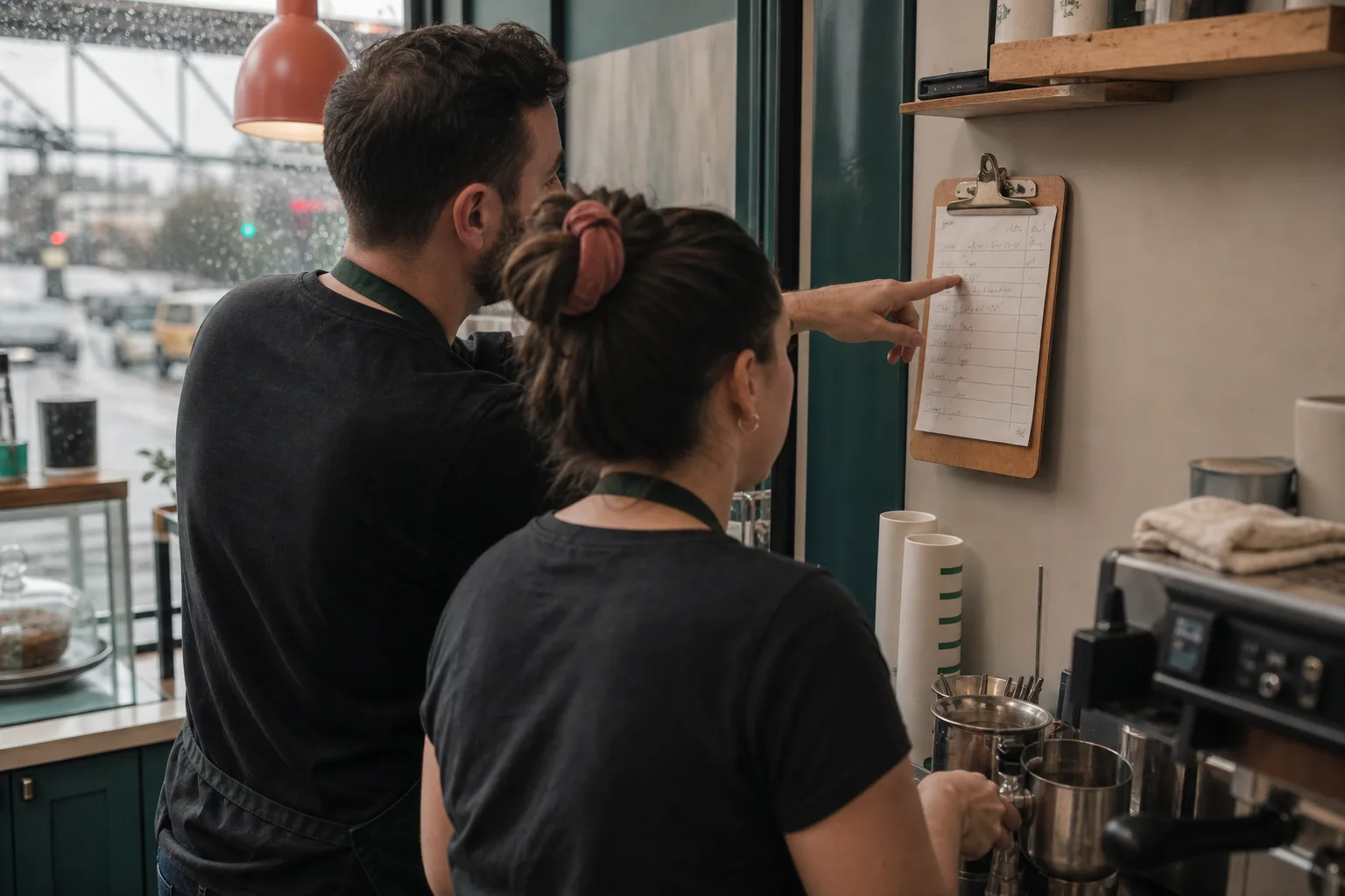 Gérante de café qui réattribue les responsabilités d'ouverture avec une employée après une absence