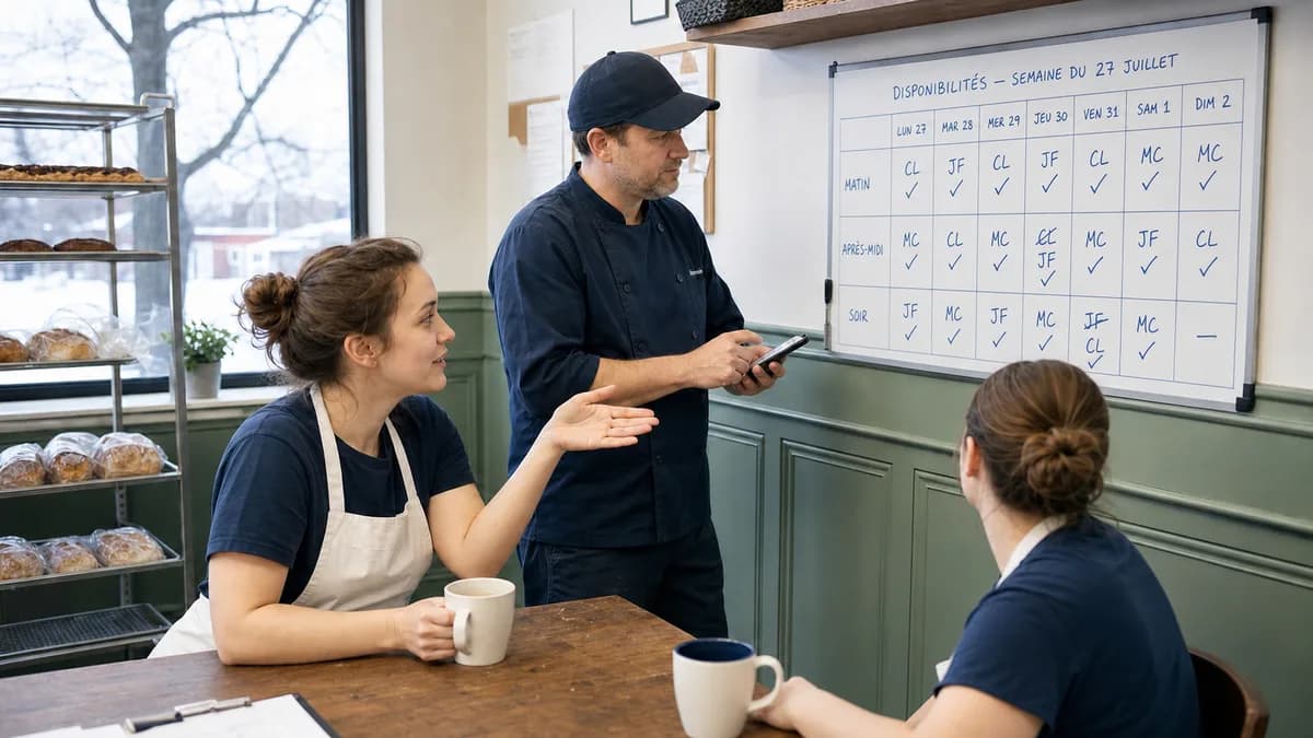 Équipe de boulangerie discutant des disponibilités devant un calendrier hebdomadaire fixé au mur