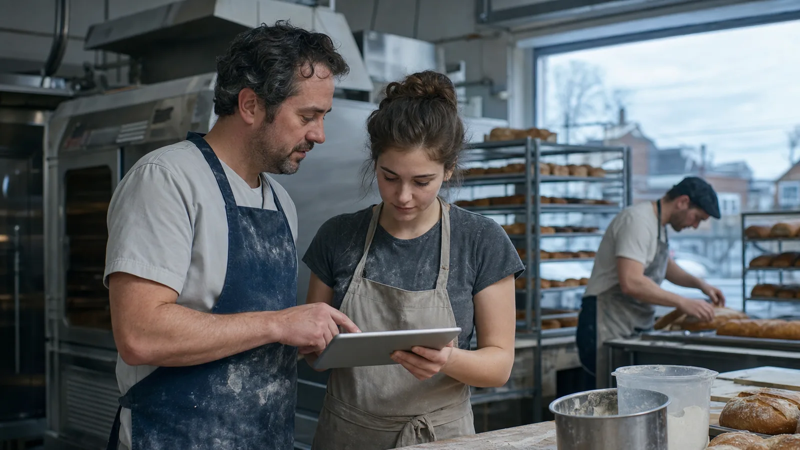 Gérant de boulangerie québécoise révisant les disponibilités d'une employée