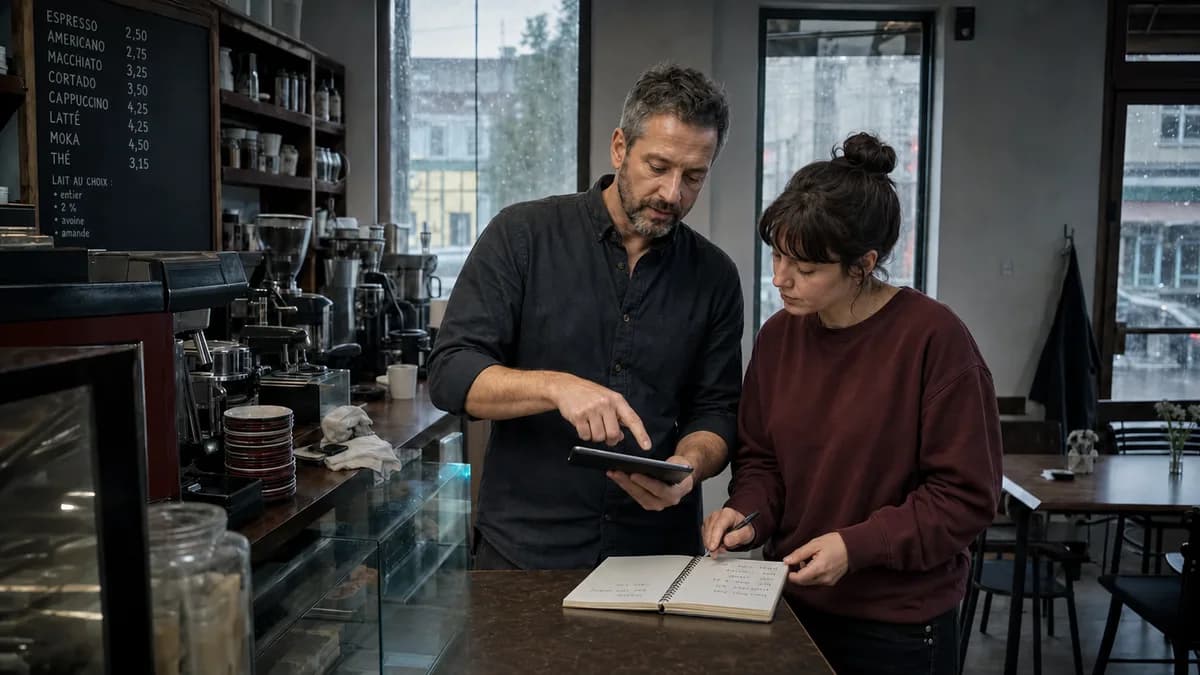 Gérant et employée de café révisant calmement une correction d'heures en fin de semaine
