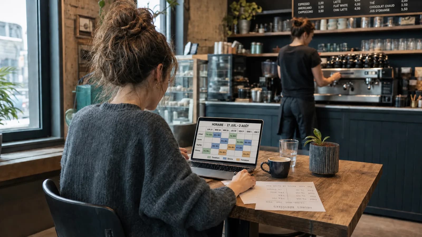 Propriétaire de café québécois comparant l'horaire prévu et les heures réelles