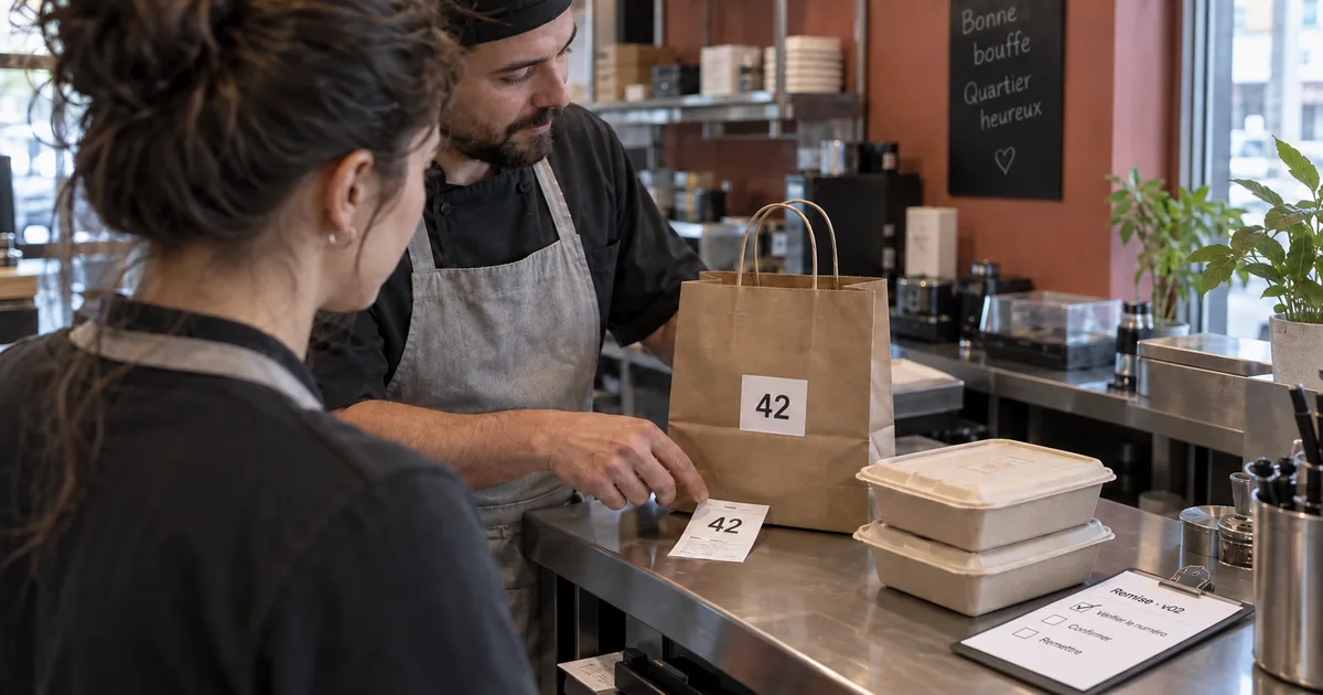 Scène illustrative au comptoir : deux collègues comparent le numéro 42 sur un sac et un billet; la fiche de remise version 02 est posée près du poste.