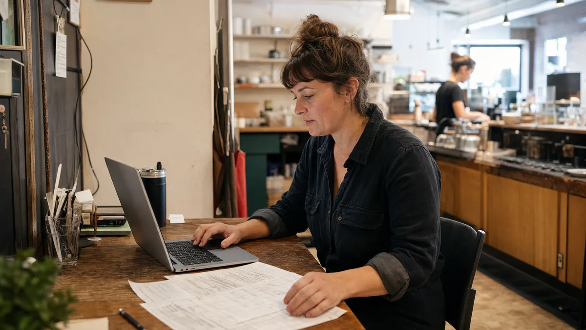 Cafe manager reviewing a payroll handoff beside a laptop and ordinary shift records