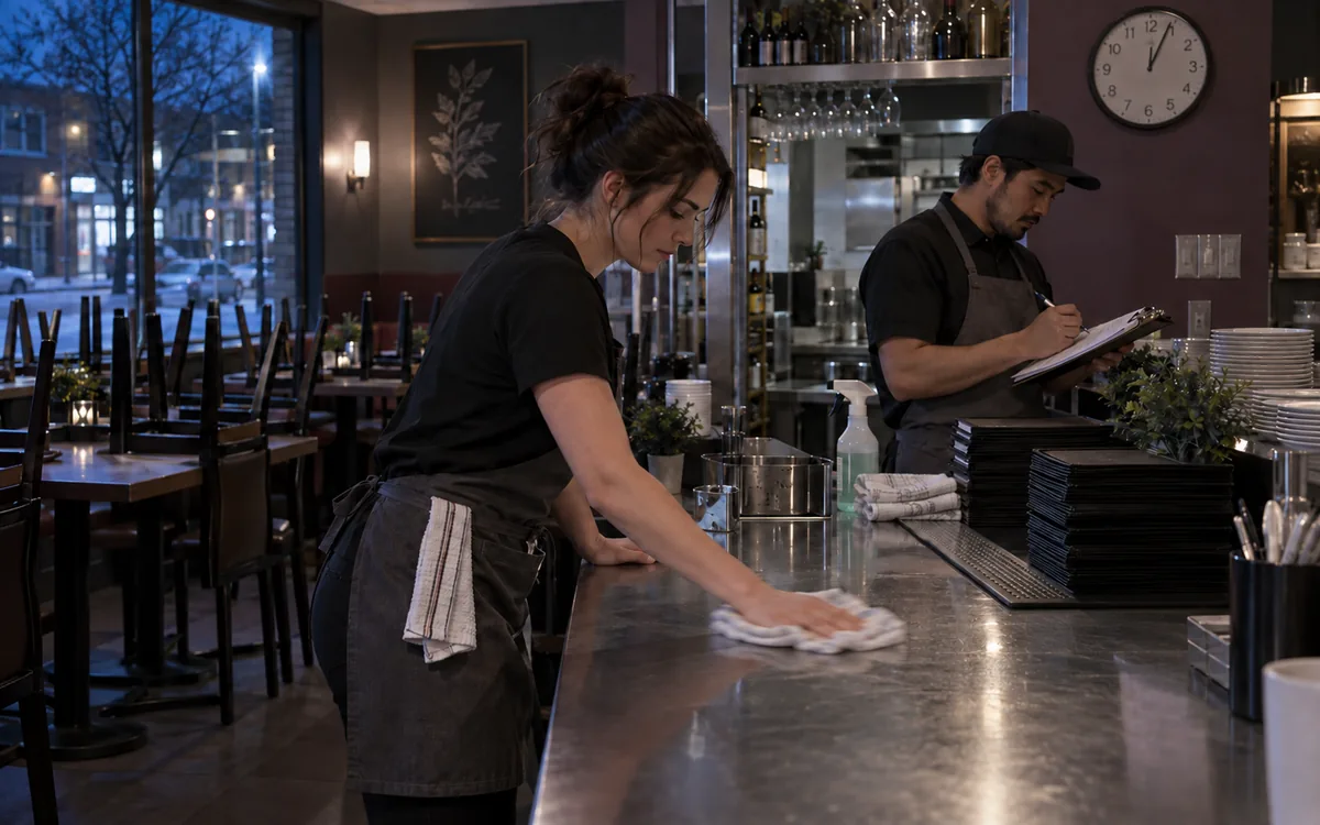 Illustrative restaurant close after midnight, with cleanup and a checklist facing its user.