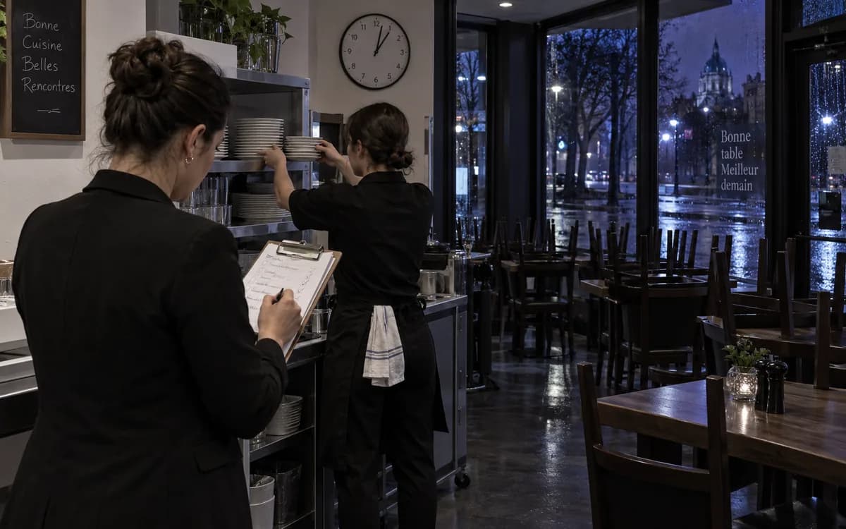 Scène illustrative de fermeture d’un restaurant, avec un registre orienté vers sa lectrice.