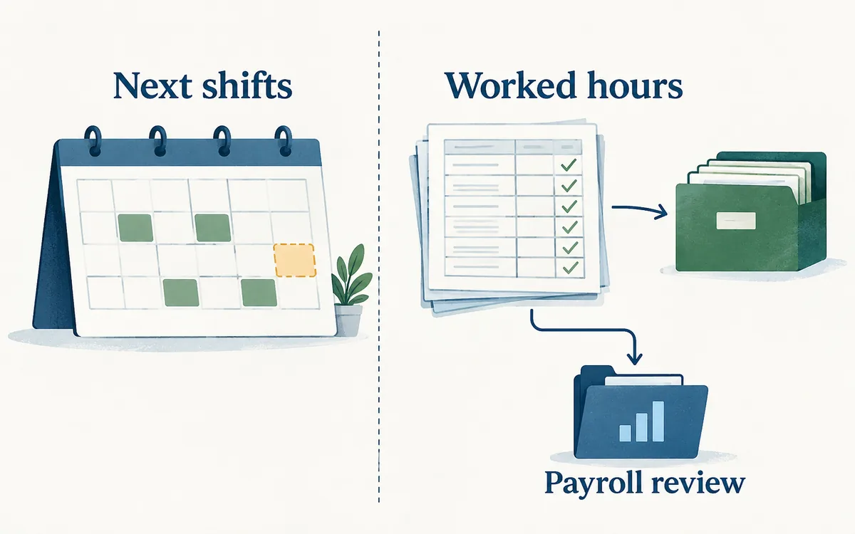 Two separate records: reviewed future shift coverage and restricted exit facts with prior worked-time evidence for payroll review.