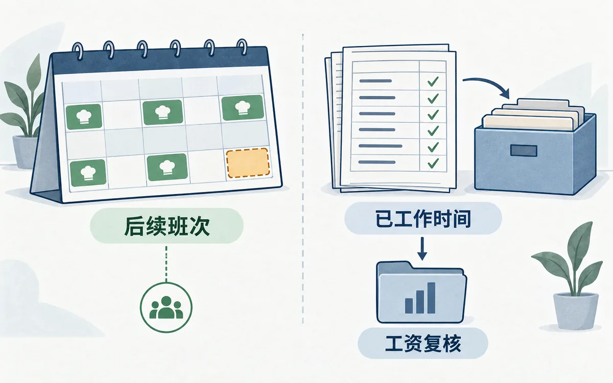 辞职后分开保存两类信息：未来班次的岗位覆盖，以及过去实际工时与最后薪资复核