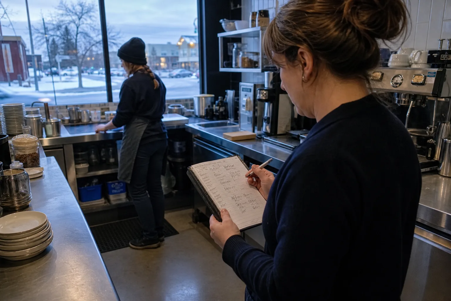 Restaurant manager reviewing a handwritten role coverage list while an opening employee checks the prep area