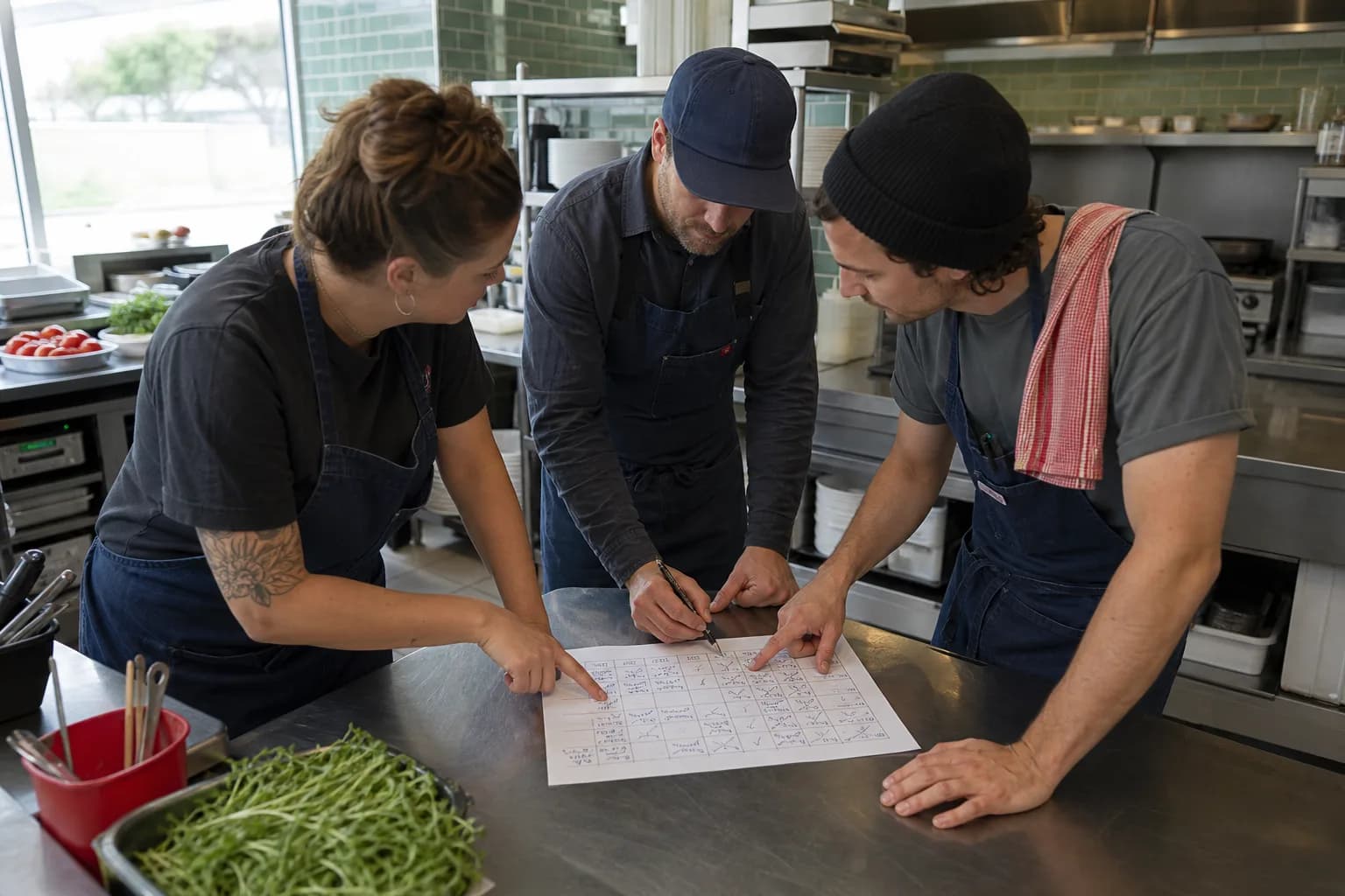 Restaurant employees and a manager reviewing a weekly shift trade before approval