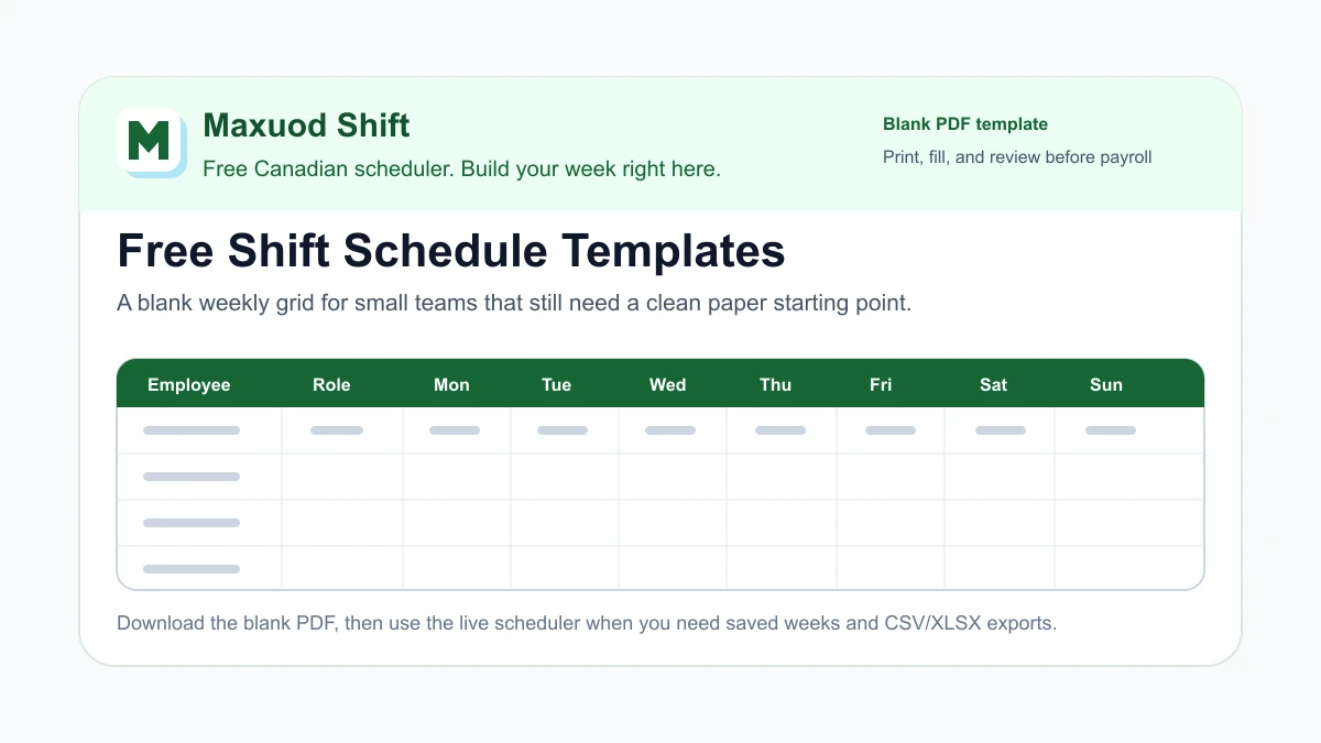 Blank shift schedule template preview with Maxuod Shift branding