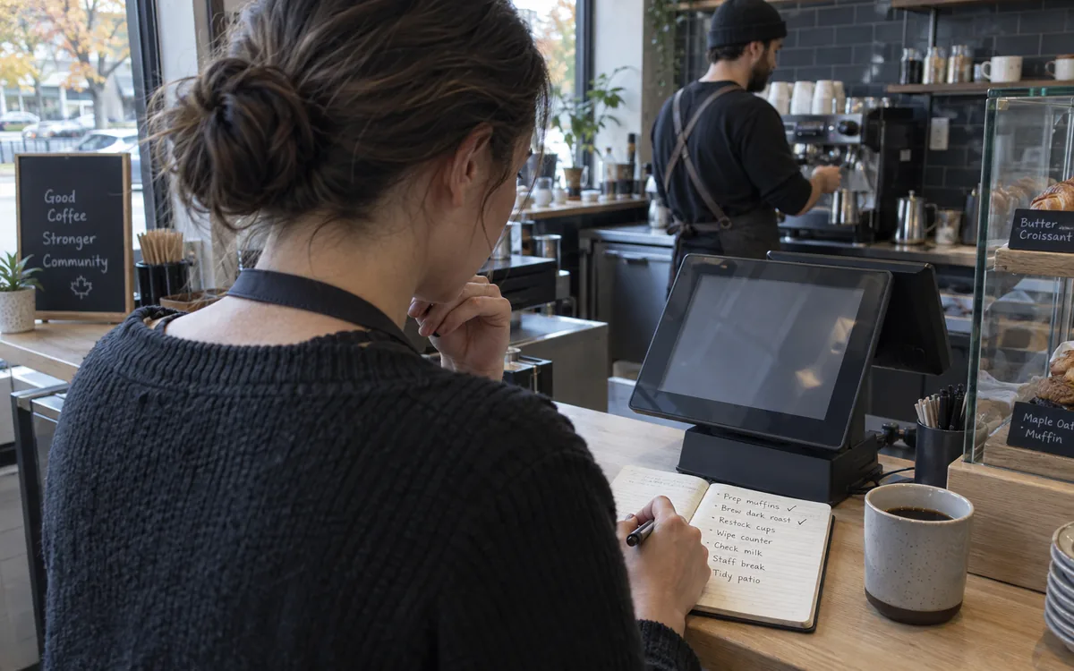 Illustrative restaurant manager reviewing a paper weekly roster beside a POS terminal.