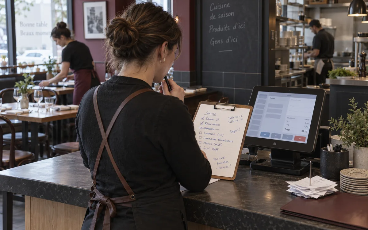Scène illustrative : une responsable de restaurant vérifie un horaire papier près du terminal de point de vente.