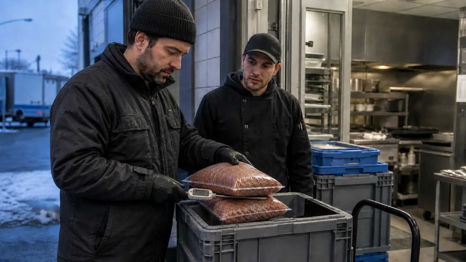 Deux employés de restaurant vérifient sans percer des emballages réfrigérés lors d'une réception matinale