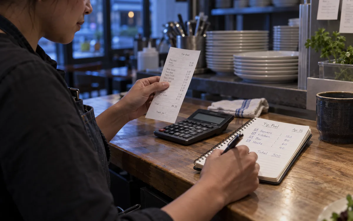 Illustrative restaurant manager checking a receipt and handwritten tip notes with a calculator.
