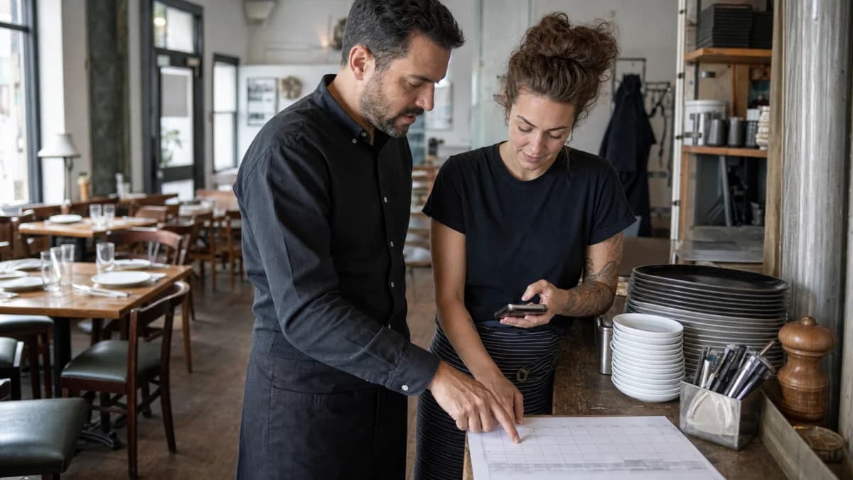 Bakery manager and employee resolving availability beside a weekly planning board