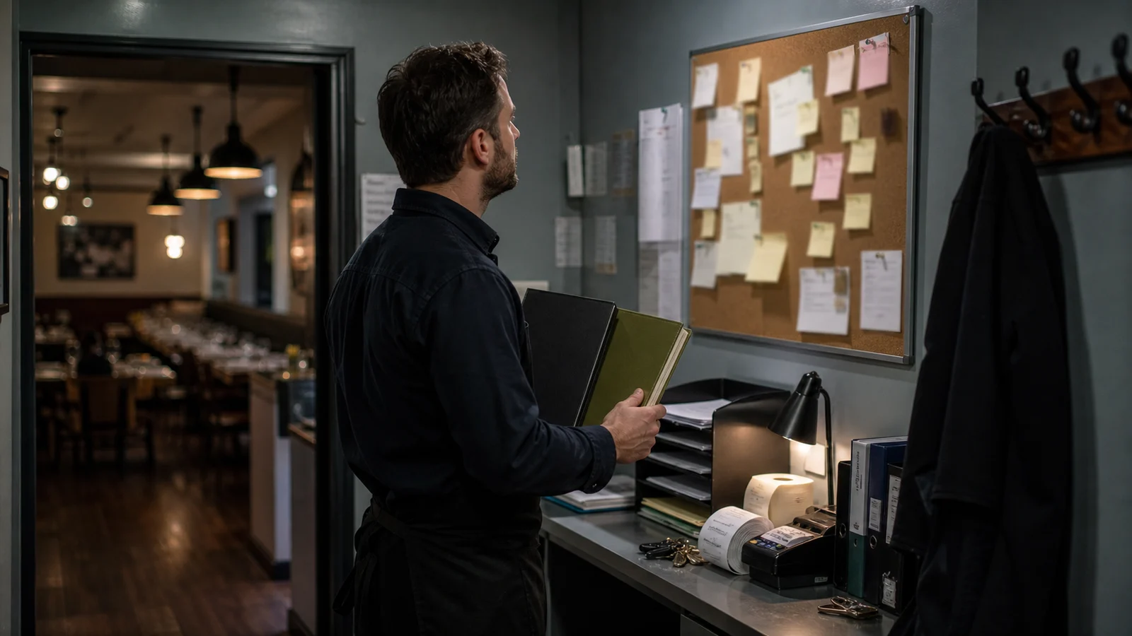 Restaurant manager holding closed folders beside a blurred staff board