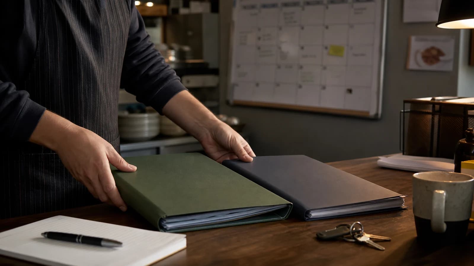 Manager placing two closed folders on a restaurant office desk with a blurred calendar in the background