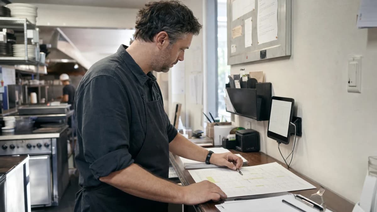 Restaurant manager reconciling a late close with ordinary time records