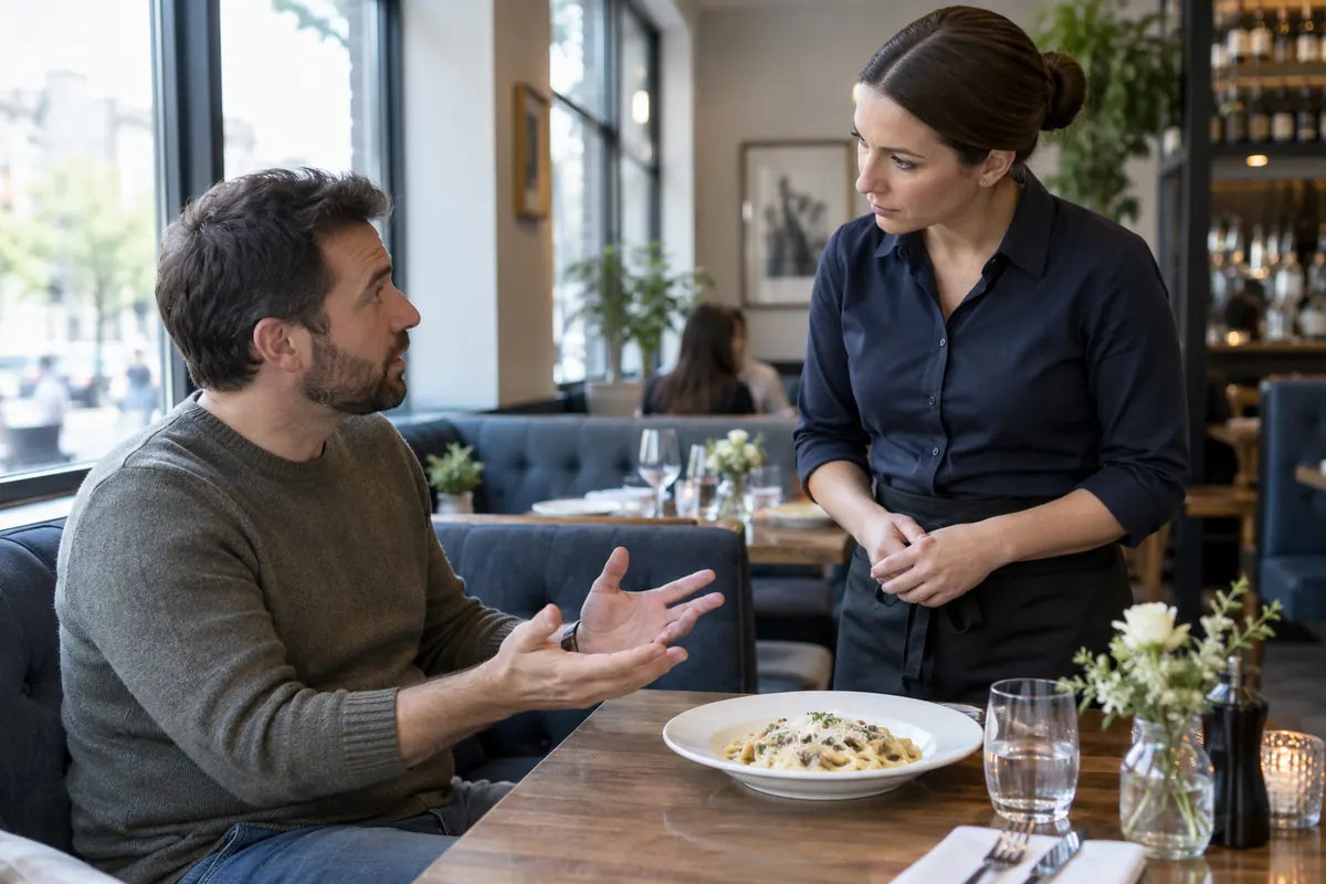 Restaurant manager listening to a guest at the table while discussing a problem with the meal