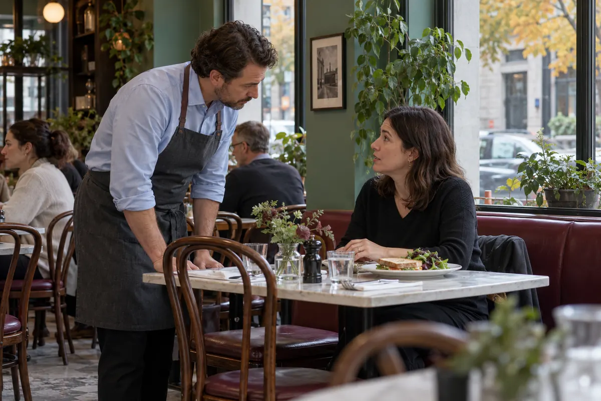 Gérant de restaurant à l’écoute d’une cliente pendant la prise en charge d’un plat signalé