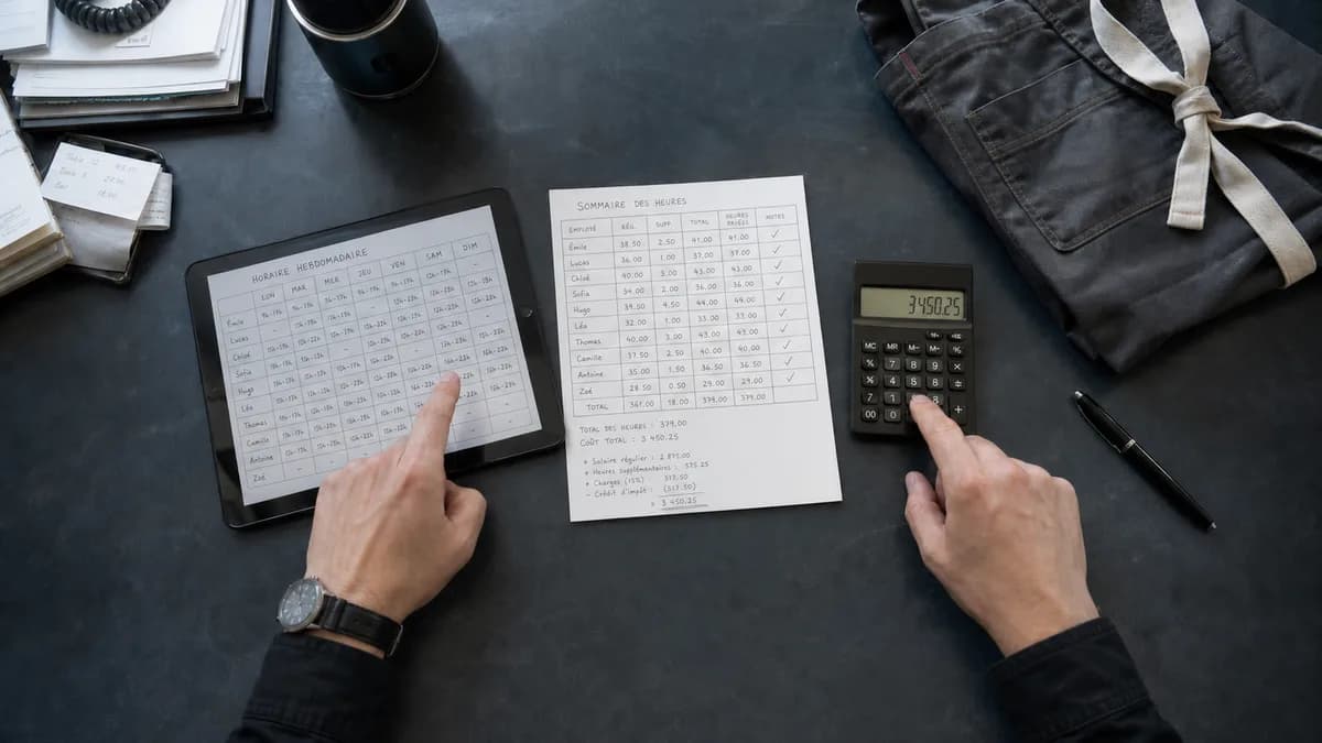 Vue de dessus d'un horaire, d'un sommaire d'heures et d'une calculatrice pour la transmission à la paie