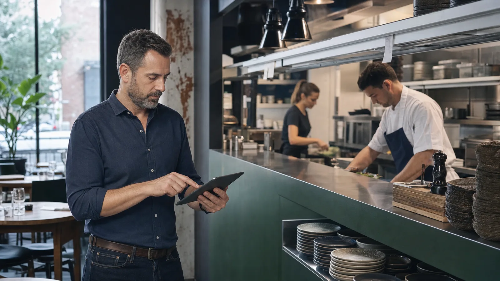 Gérant de restaurant canadien consultant l'horaire de son équipe sur une tablette
