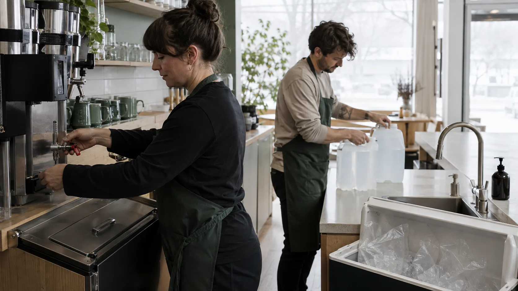 Responsable de café fermant une station de boissons pendant qu’un employé installe des contenants d’eau de remplacement