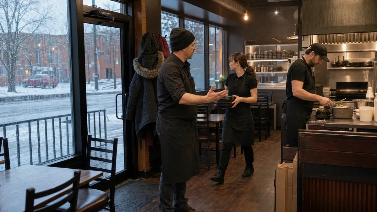 Équipe de restaurant réaffectant les postes pendant une pluie verglaçante