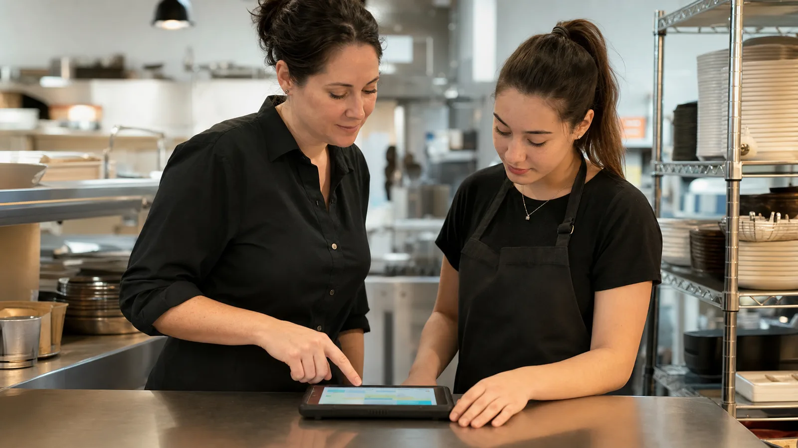 Superviseure et employée vérifiant ensemble une correction d’heure sur une tablette posée à plat