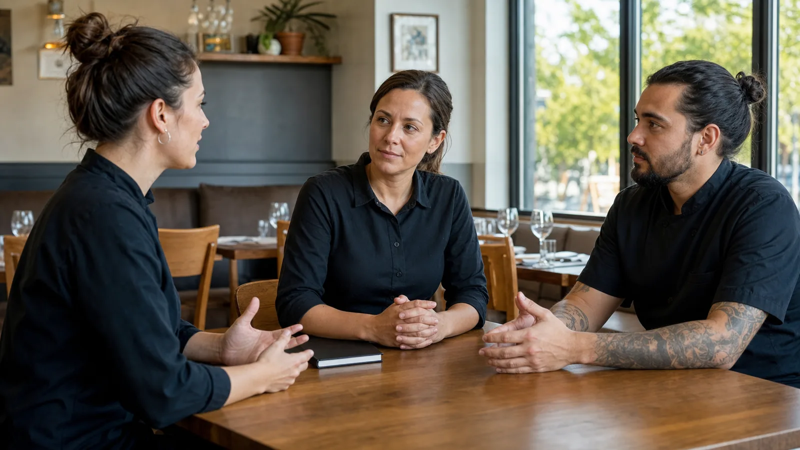 Gérante de restaurant menant une discussion calme avec deux employés après le service