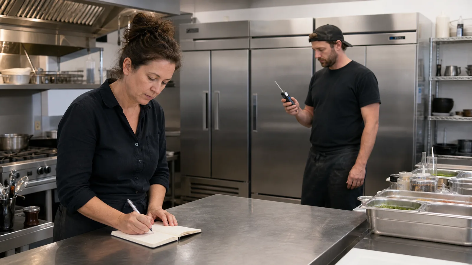 Gérante consignant un contrôle pendant qu’un cuisinier lit un thermomètre portatif devant des réfrigérateurs fermés
