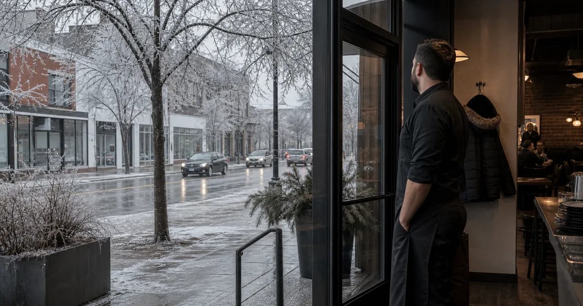Gérant de restaurant observant une rue couverte de verglas avant le service
