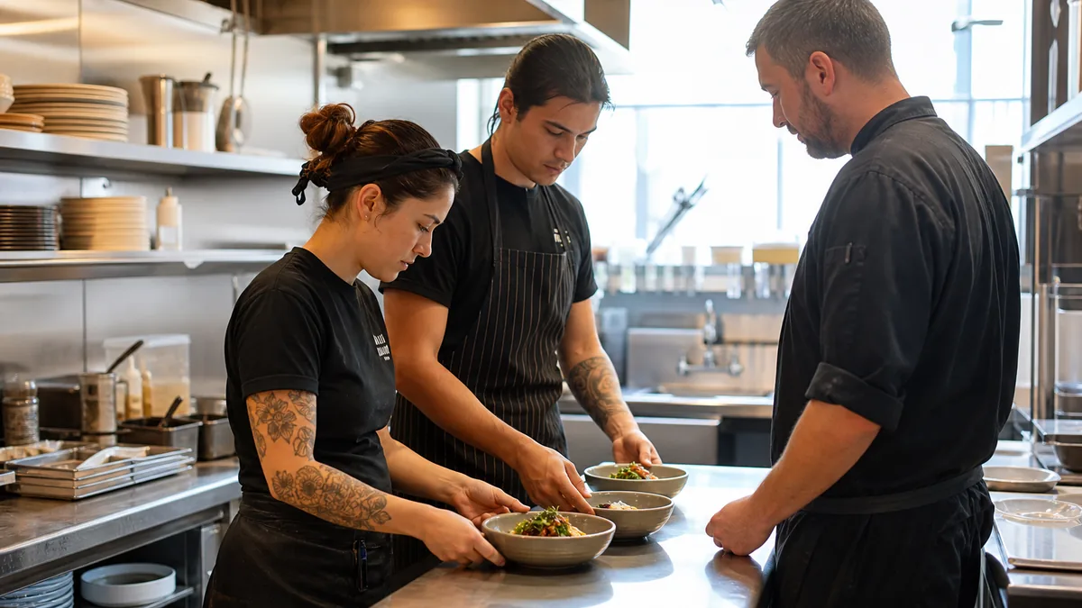 Équipe de restaurant préparant des portions cohérentes pour le repas du personnel