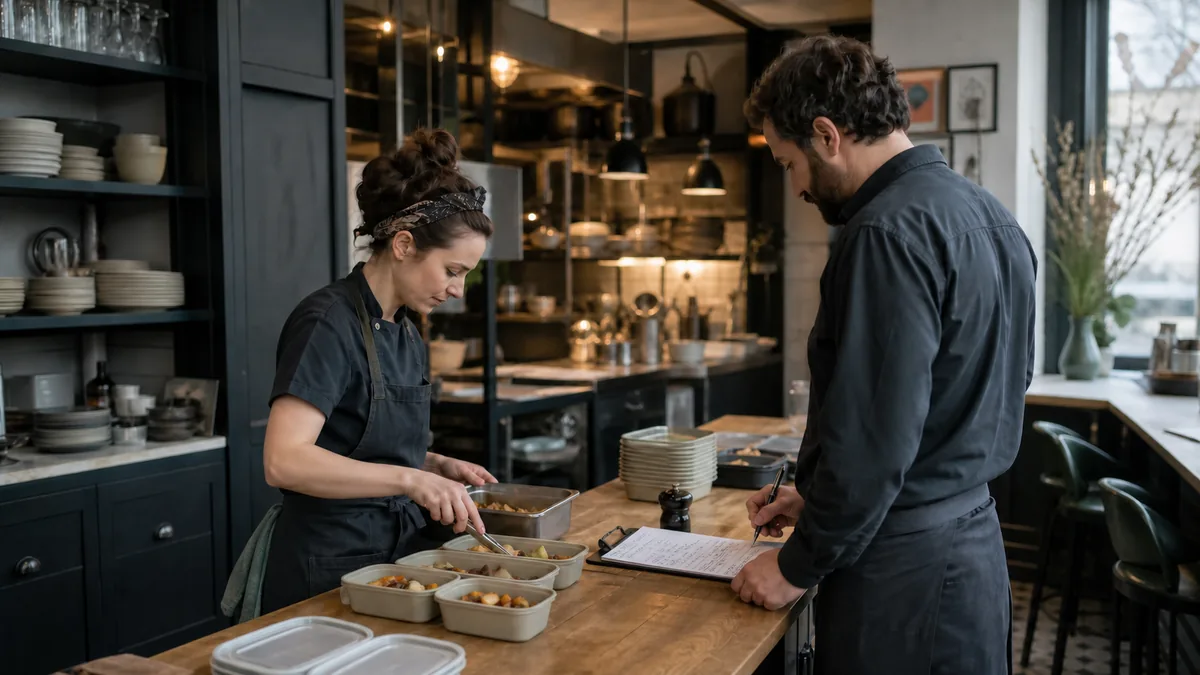 Employée de restaurant consignant naturellement un repas du personnel dans un registre posé à plat