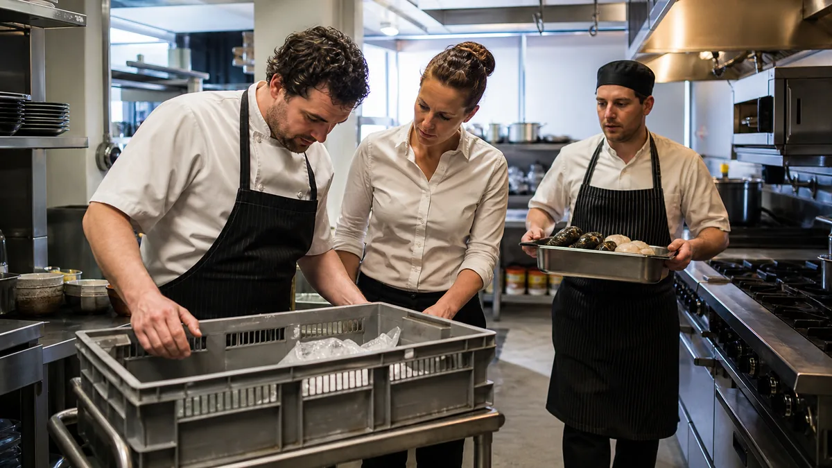 Cuisine de restaurant inspectant une caisse vide et un ingrédient de remplacement