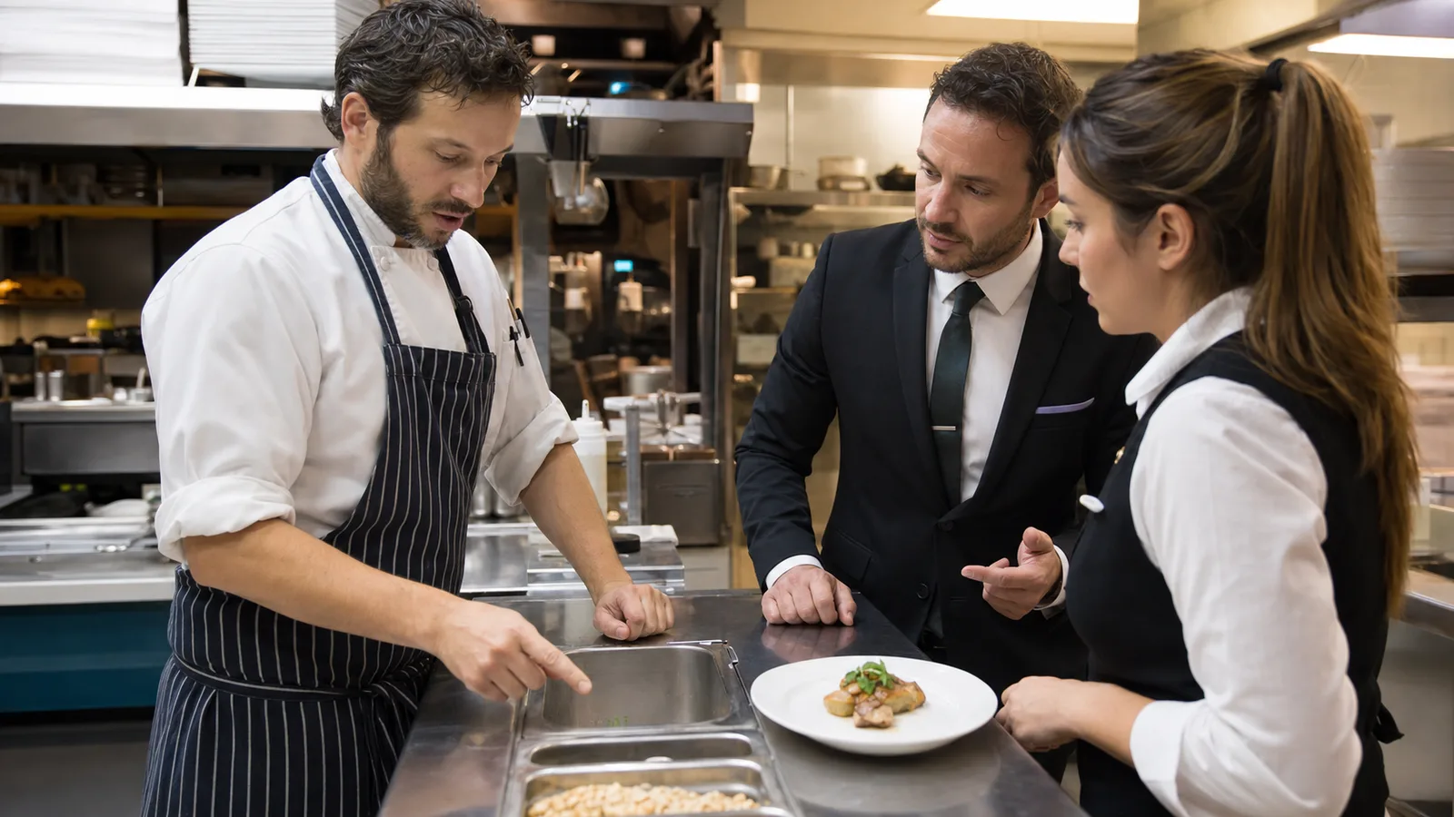 Chef montrant un bac d’ingrédient vide à un gérant et à une serveuse pendant le service