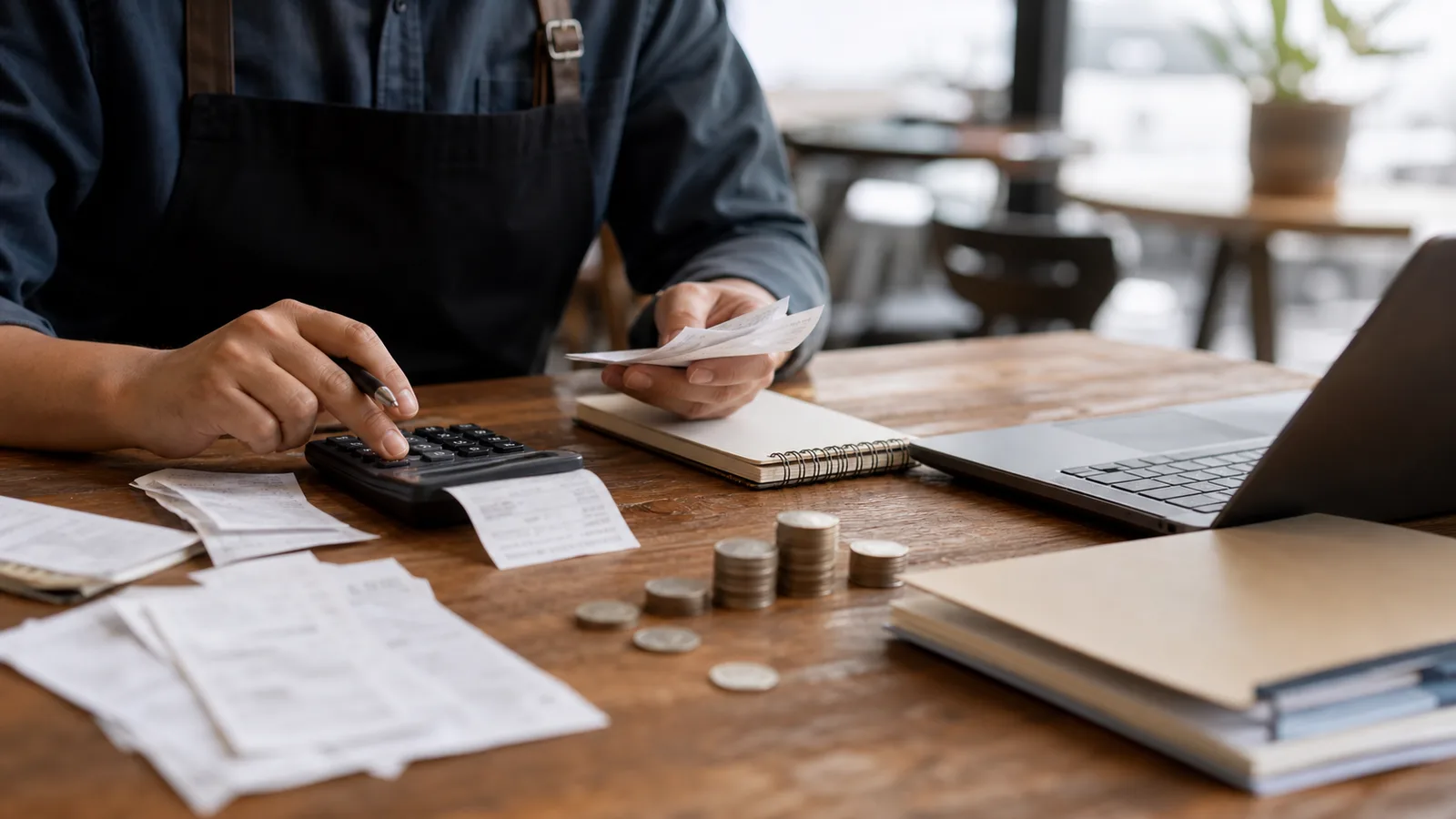 Manager reviewing tip pool notes, receipts, and payroll handoff papers at a cafe table