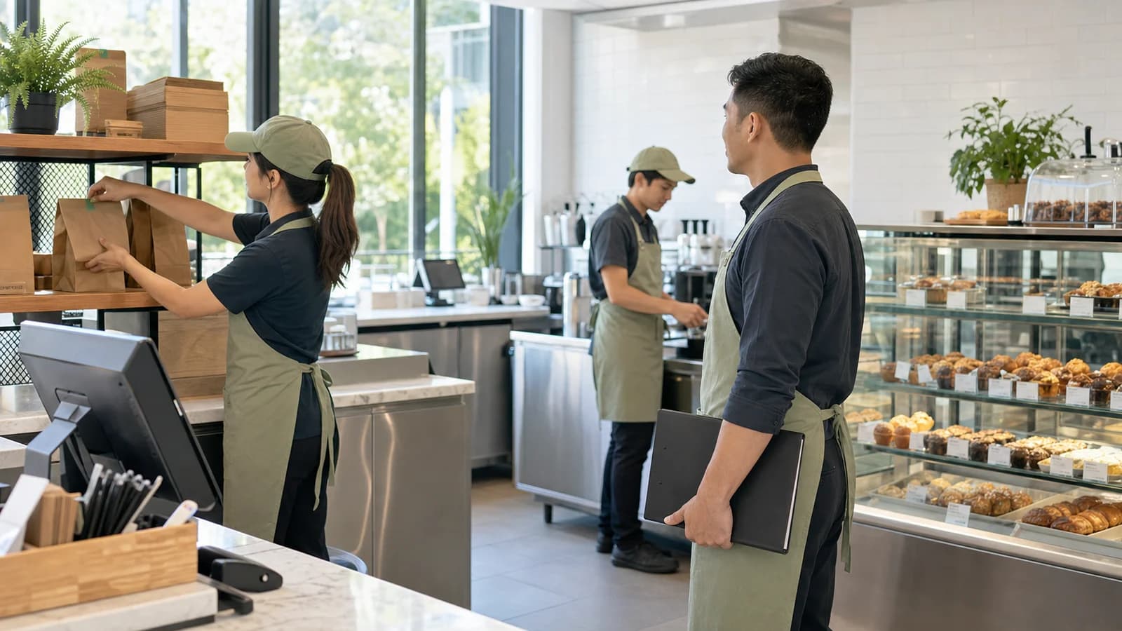 Quick-service restaurant team preparing the counter before opening