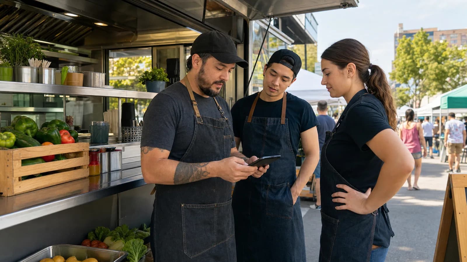 Food truck manager reviewing a phone with two staff before lunch service