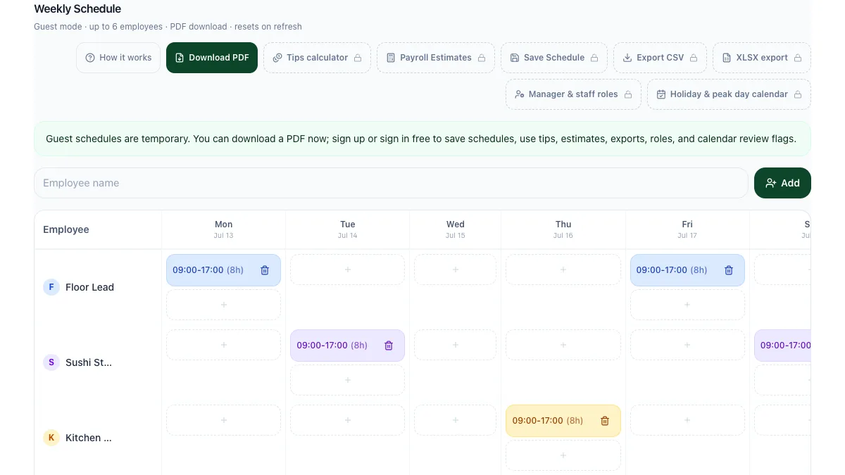 Maxuod Shift weekly scheduler filled with illustrative restaurant roles and shifts