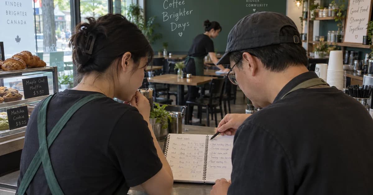 加拿大咖啡店老闆與主管在櫃台核對本週人力紀錄,同事在背景清潔