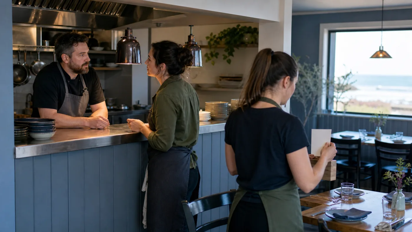 Une équipe de restaurant ajuste le service pendant qu'une serveuse retire une carte de menu de son support