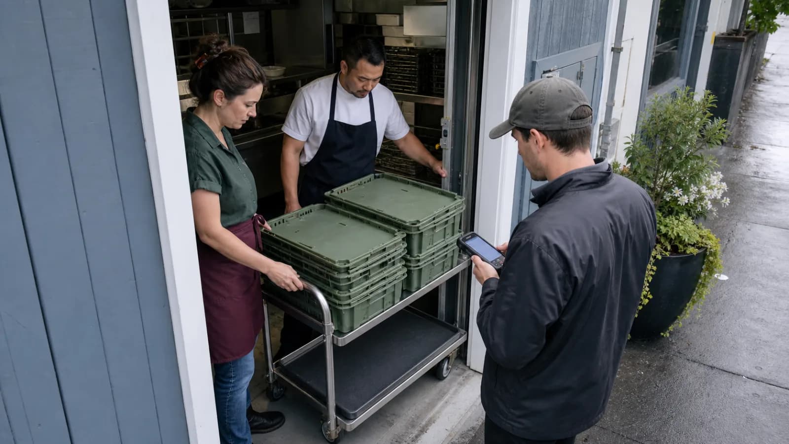 Une gestionnaire, un cuisinier et un chauffeur vérifient une livraison incomplète à l'entrée d'un restaurant