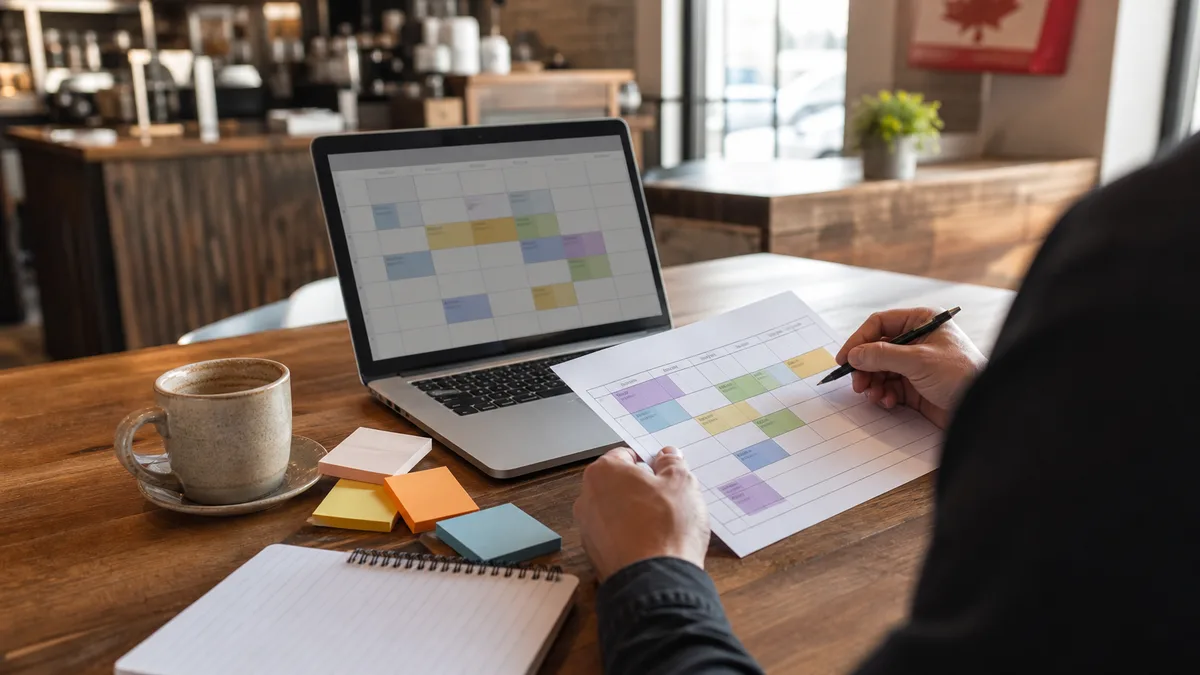 Manager reviewing a weekly shift schedule at a cafe table before service