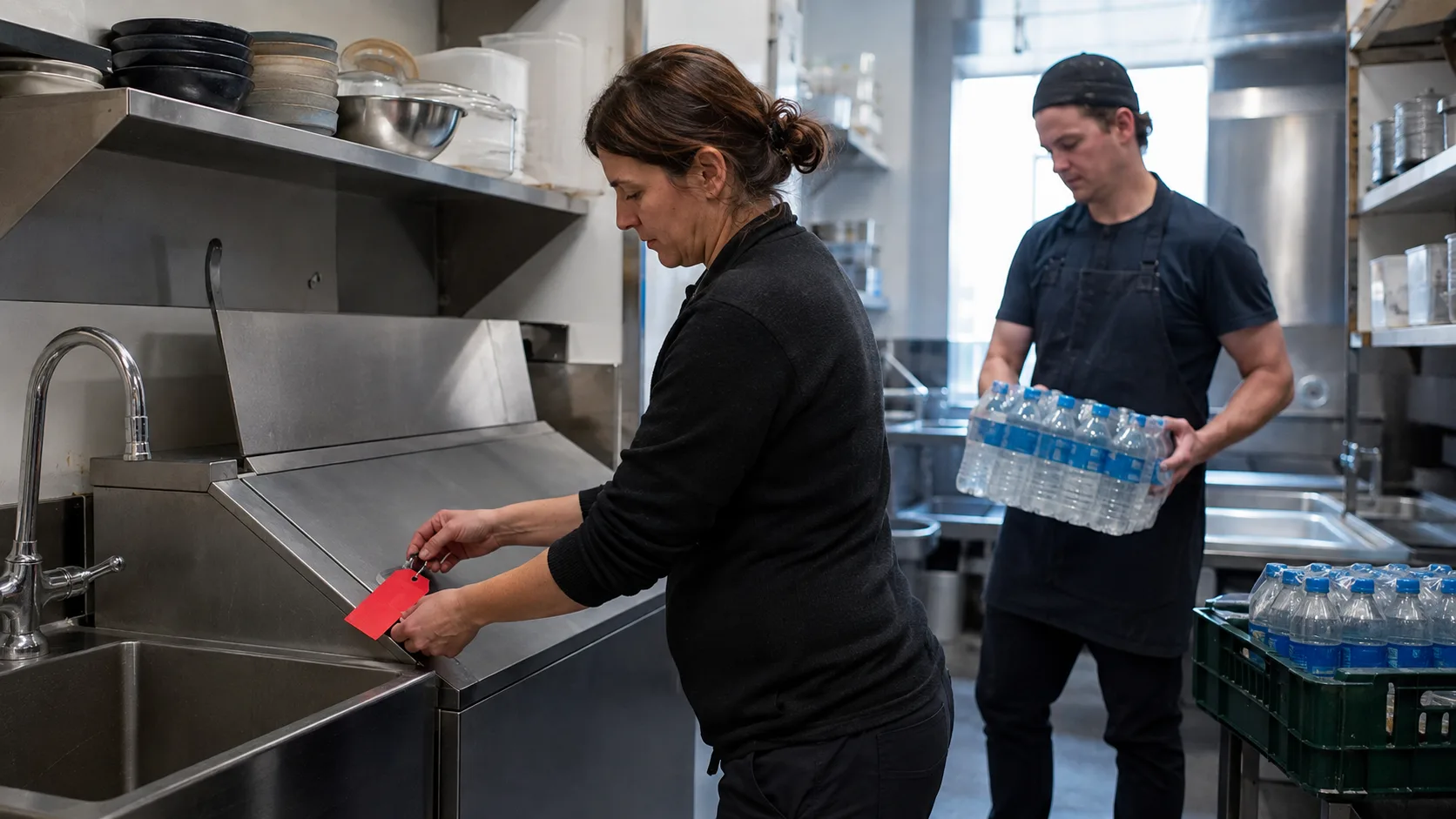 Restaurant manager isolating an ice machine while a cook brings sealed alternate water into the prep kitchen