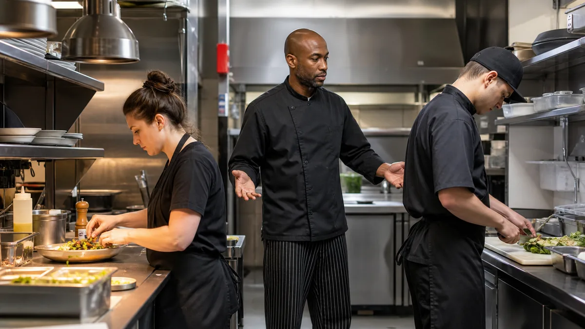 Manager restoring restaurant service with employees working at separate stations