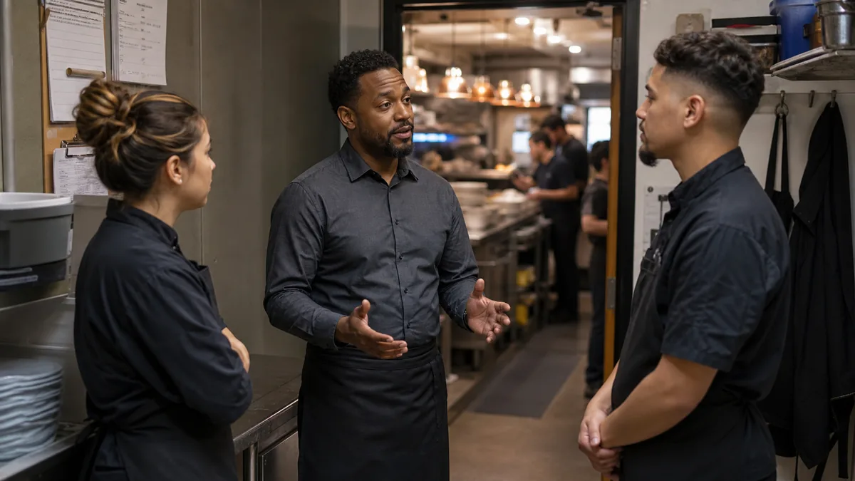 Restaurant manager calmly speaking with two employees away from the service line