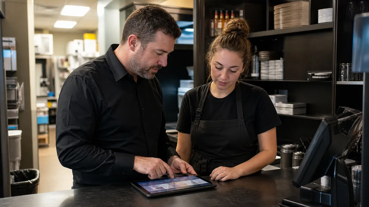 Restaurant manager and employee reviewing a time correction together on a tablet lying flat on the counter